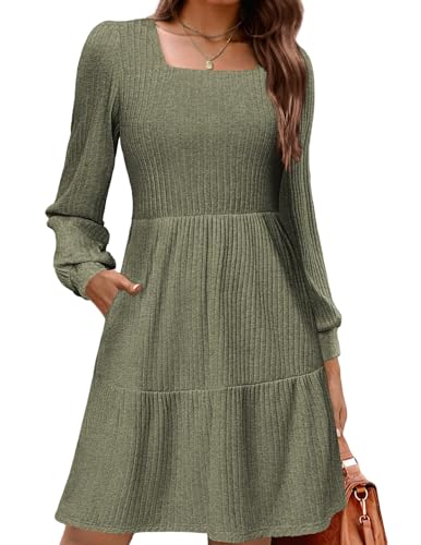 Zeagoo Herbstkleid Damen Langarm Kleid Elegantes Strickkleid mit Taschen Knielange Kleider A Linie Puffärmel für Herbst Winter Armeegrün L