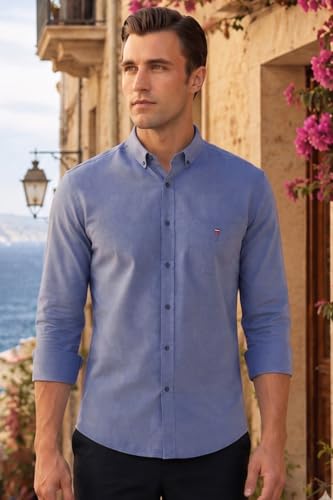 Image of Louis Philippe Men's Slim Fit Signature Oxford Easy Care, Natural Stretch Full Sleeve Solid Casual Shirt, Cotton