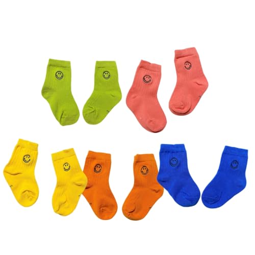 Toddler Boys Girls Crew Socks, Smiley Face Unisex Kids Soft Cotton Solid Color Ankle Socks, Pack of 5