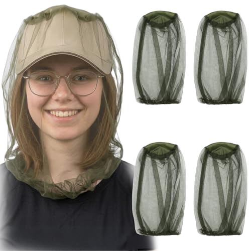 Lot de 4 Filet Anti Moustique de Tête, Moustiquaire de Tête pour Chapeau, Protection Visage Contre Insectes et Mouches pour Randonnée, Pêche, Camping, Jardinage, 50cm, Vert Armée