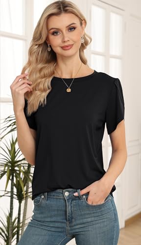 Qzzater Womens Short Sleeve Round Neck Lightweight Tshirt Loose Fit Black Large