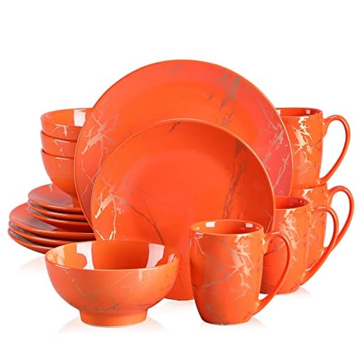16 Piece Dinnerware Sets for 4, Color Glaze with Gold Plate Crockery Set, LOVECASA, Orange Dinnerware Set with Dinner Plates, Dessert Plate, Bowls and Mugs, Microwaveable Dishes Service for 4, Orange