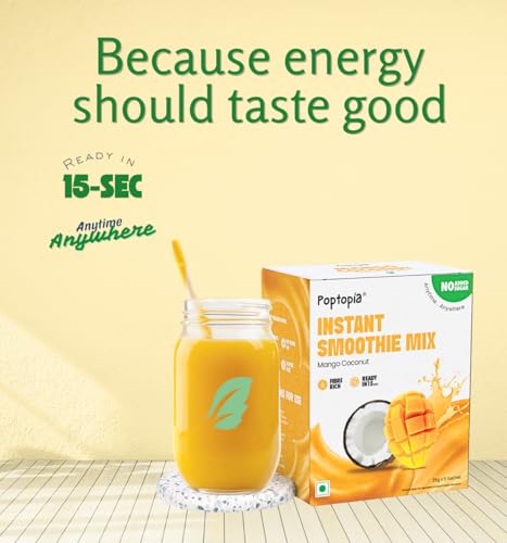 Image of Poptopia Mango Coconut Smoothie Mix | Smoothie CHAMP | No Added Preservatives or Colors | A Quick, Nutritious, and Delicious drink | All Natural, 0% Sugar | Pack of 5 = 125gms = ~1Litre Fresh Smoothie | Ready in 15 seconds | 100% Vegan & Gluten free