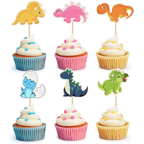24pcs Dinosaur Cake Toppers, Dino Cupcake Toppers Dinosaur Birthday Decorations for Dino Theme Birthday Party Supplies Decorations Pink