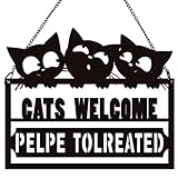 Cat Welcome People Tolerated Metal Sign - Black Iron Wall Art with Three Cute Cats, Funny Home Office Decor, Unique Gift for Multiple Cat Owners