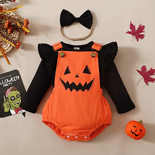 Newborn Girl Halloween Outfits Long Sleeve Solid Sweatshirt Tops Bib Overalls Ghost Jumpsuits Bow Headband Baby Fall Clothes2