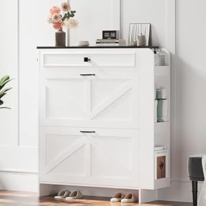 IRONCK Shoe Storage Cabinet with 2 Flip Drawers & Barn Door Design, Freestanding Shoe Cabinet Organizer with Drawer and Shelves for Entryway, Farmhouse Shoe Rack Cabinet, White/Black IRONCK Shoe Storage Cabinet with 2 Flip Drawers Barn Door Design Freestanding Shoe Cabinet Organizer with Drawer and Shelves for Entryway Farmhouse Shoe Rack Cabinet WhiteBlack