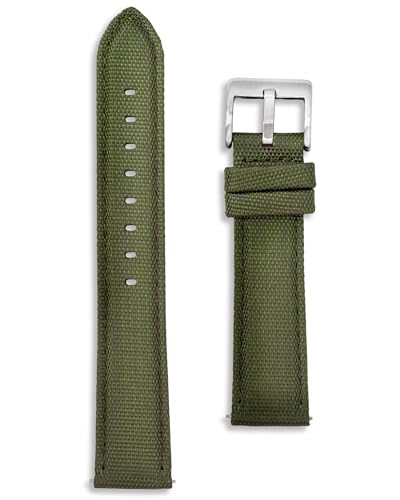 Buckle & Stitch Sailcloth Canvas Watch Strap | 20 mm Green | Quick Release Pins | Calf Leather Lining | Replacement Nylon Fabric Watch Band for Men and Women | Silver Buckle (20mm, Green)