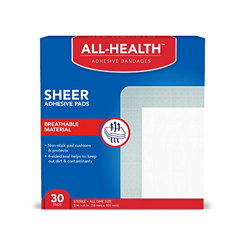 All Health Sheer Adhesive Pad Bandages, 3 in x 4 in, 30 ct | Extra Large Comfortable Protection for First Aid and Wound Care