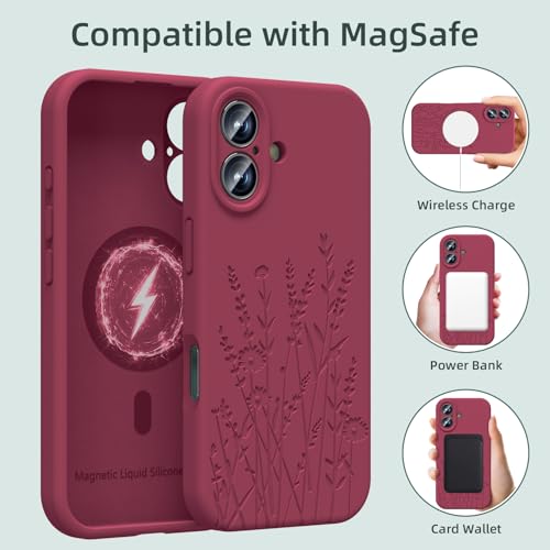 OAOA Magnetic Engraved Case Compatible with iPhone 17 Case, Compatible with Magsafe, Camera All-Round Protection, Slim Liquid Silicone Phone Case for Women Girls, Wine Red Flower by OAOA - Used condition - Image 2