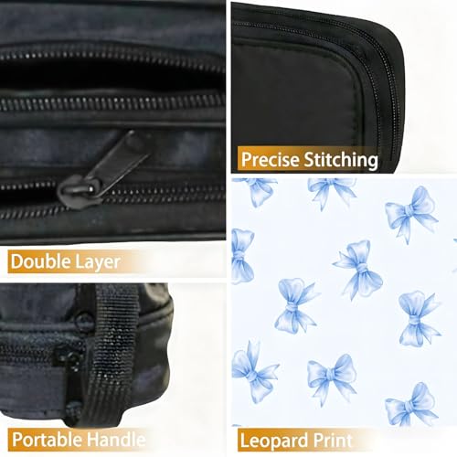 Image of WOBAGMEN Double Layer Pencil Case with Handle Large Pencil Bag Cute Print Pencil Pouch for Boys Girls (Blue Bow)