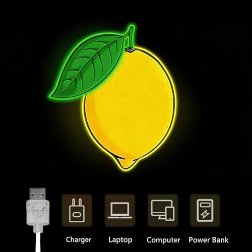Image of Lemon LED Sign,Cute Lemon Neon Sign Decorations,Fruit Light up Signs Hanging Wall Art Lamp for kitchen Bar Club Party Fruit Shop Restaurant Bedroom,5V USB Powered,Dimmable Design