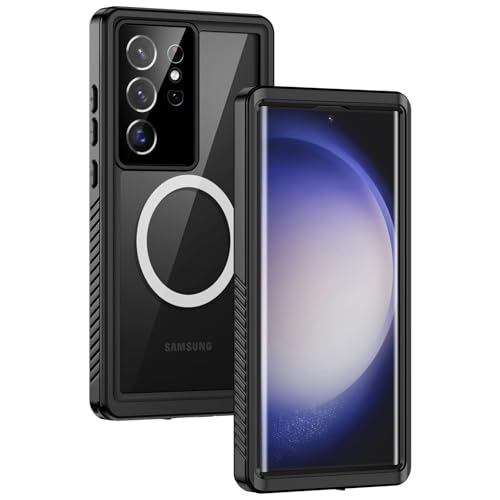 Lanhiem Magnetic for Samsung Galaxy S23 Ultra Case IP68 Waterproof Dustproof Built-in Screen Protector Rugged Full Body Shockproof Cover for Galaxy S23 Ultra 5G 6.8 Inch Black/Clear