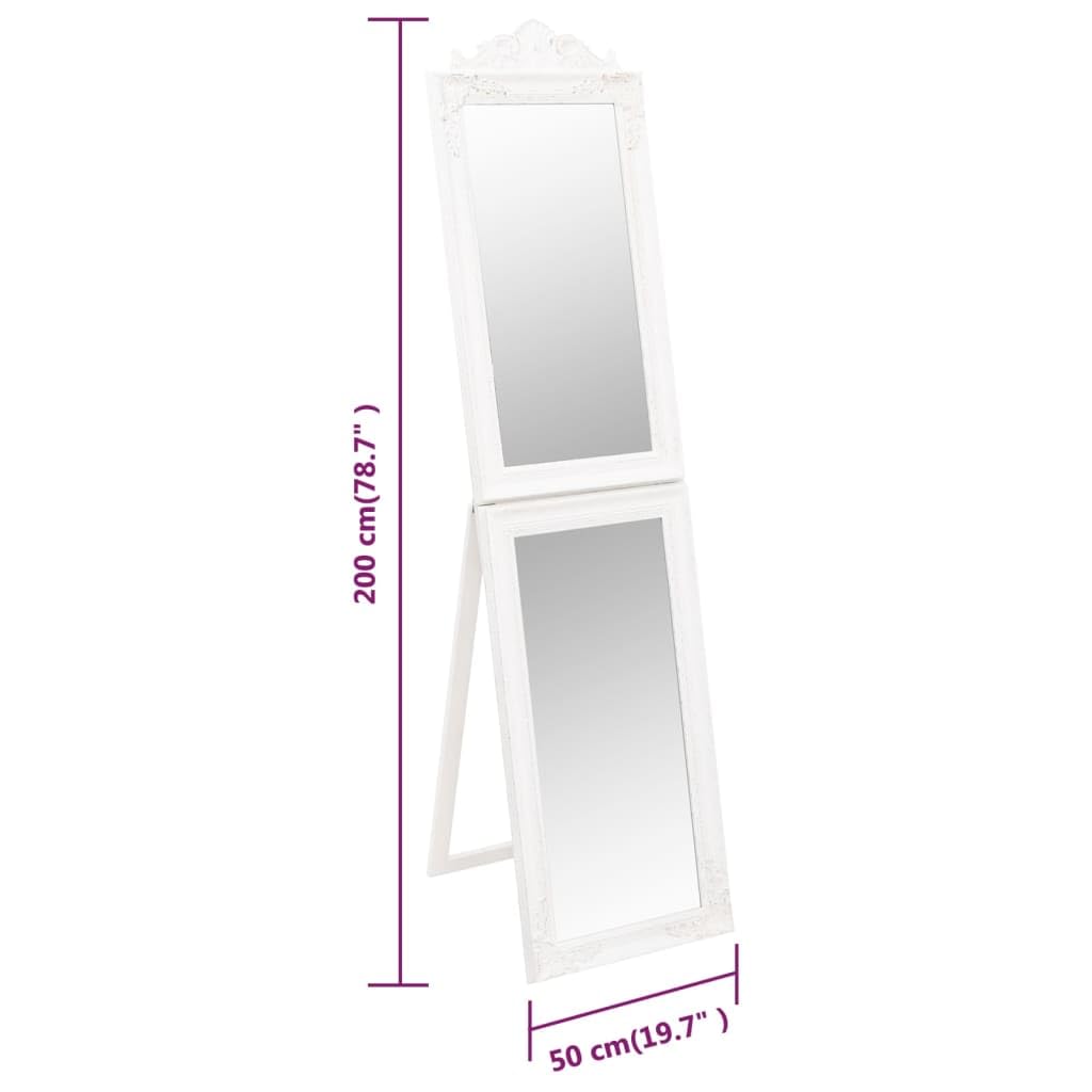 Lustro stojące białe 50 x 200 cm z drewnianą ramą, składane i stabilne, lustro na całe ciało do korytarza, sypialni, garderoby, dekoracyjny barokowy wygląd, przezroczyste lustro do kosmetyków