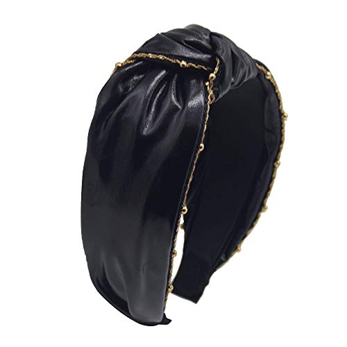 MHDGG Headbands for Women,PU Chain Beads Wide Headbands Knot Turban Headband Vintage Hairband Elastic Hair Hoops Fashion Hair Accessories for Women and Girls,Black