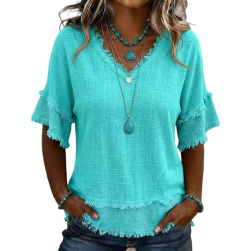 Vintage Art Patchwork Cotton and Linen Shirt, 2026 Summer Casual Short Sleeve V Neck T Shirts for Women, Boho T-Shirt (US, Alpha, X-Large, Regular, Regular, Light Green)