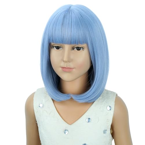 Image of PATTNIUM Light Blue Bob Wig for Kids Girls Short Blue Straight Wig with Bangs Cosplay Party Synthetic Rose Net Daily Wear Wig