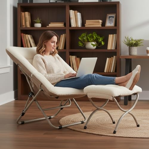 Tiita Folding Saucer Chair with Ottoman for Adults, Comfy Moon Chair, Beige by TIITA - Image 3