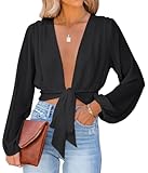 LYANER Women's Deep V Neck Tie Front Knot Long Sleeve Sexy Wrap Crop Top Blouse Pure Black Medium