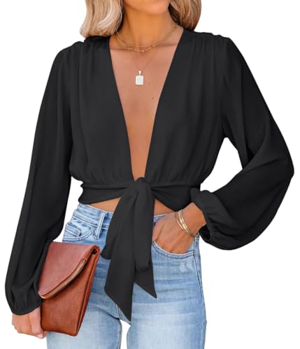 LYANER Women's Deep V Neck Tie Front Knot Long Sleeve Sexy Wrap Crop Top Blouse Pure Black Medium