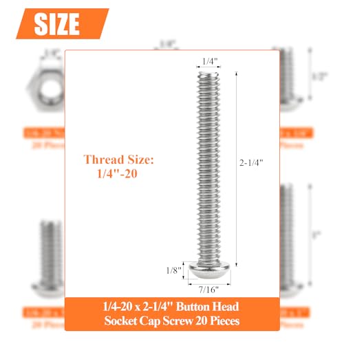 Image of 20 Pieces 1 /4-20 x 2-1 /4 inch Button Head Socket Cap Screws Bolts, HELIFOUNER 304 Stainless Steel (18-8) Screws, Bright Finish, Fully Threaded