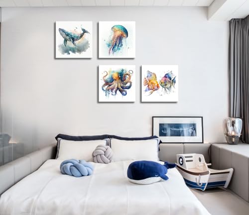Image of Colorful Marine Life Canvas Wall Art for Bathroom Decor, Green Jellyfish Picture Print, Watercolor Fish Artwork Sea Life Blue Orange Octopus Painting Poster for Bedroom Living Room Decoration 12 inchx12 inch