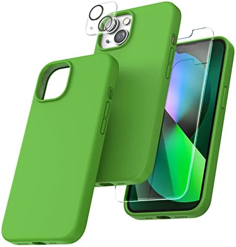 TOCOL [5 in 1 for iPhone 13 Case, with 2 Pack Screen Protector + 2 Pack Camera Lens Protector, Slim Liquid Silicone Phone Case iPhone 13 6.1 Inch, [Anti-Scratch] [Drop Protection], Greenery