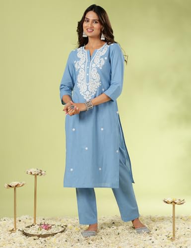 Image of Kaari Chikankari Embroidered Kurta Set for Women- 100% Cotton | Yoke Detailing | Three Piece Kurta Set with Dupatta | Sleeve