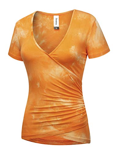 Beauhuty Women Tie Dye Tee Shirts Casual Soft Slim Fit Short Sleeves Deep V Neck Ruched Tops (S, Short-Tie Dyed Orange) #TOP1