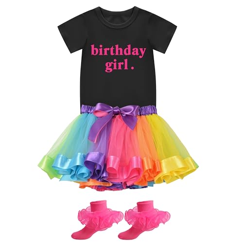 Image of Birthday Outfit Girl Toddler 3 Pcs Skirt Sets Birthday Girl Shirt and Tutu Skirt with Lace Ruffle Socks
