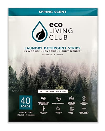 Eco Living Club Laundry Detergent Sheets Hypoallergenic, Eco-Friendly, Biodegradable, Plastic Free, Paraben and Cruelty Free, Travel Friendly Eco-strips (40 Load) (Spring Scent)