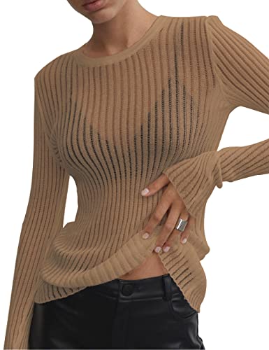 Image of KAMISSY Women See Through Crew Neck Sheer Mesh Knitted Sweater Solid Basic Long Sleeve Loose Fit Knit Pullover Jumper Top