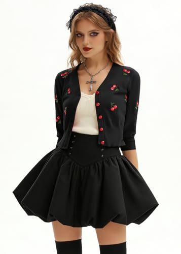 Image of Belle Poque Women's 3 /4 Sleeve V-Neck Button Down Cherries Embroidery Cropped Cardigan Sweater Coat
