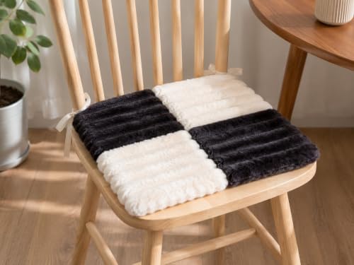 Image of Amazon Brand - Umi Black & White Checkerboard Faux Fur Chair Seat Cushions, 16x16 Inch Fluffy Dining Chair Pads with Ties, Foam-Filled Kitchen & Bar Stool Cushions, Set of 2