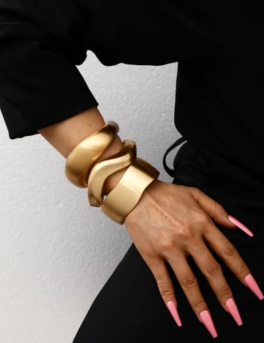 Image of Chunky Gold Bangle Bracelets for Women, Dainty 14k Gold Plated Big Stackable Bangles Set, Trendy Statement Cuff Bracelet Stack Fashion Jewelry Gifts