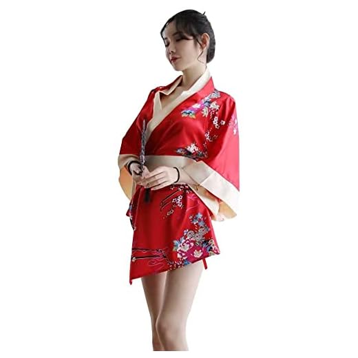 HNYBD Kimono japonés para mujer, sexy, tradicional, lencería Yukata, disfraz de pijama, rosso, talla única