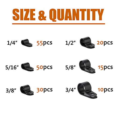 Ispinner 180Pcs Nylon Plastic R-Type Cable Clamps, 1/4" 5/16" 3/8" 1/2" 5/8" 3/4" Clips Fasteners Assortment Kit For Cable Conduit (Black) #TOP1