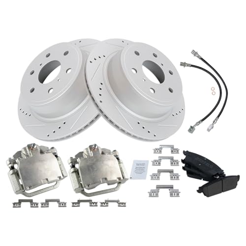 Image of TRQ Performance Rear Brake Pad and Rotor Set Semi Metallic Drilled Slotted Coated Rotors Calipers Compatible with 2007-2013 Chevrolet Silverado 1500 Sierra 1500