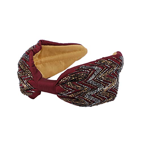 Apt 1pc Maroon Chevron Turban Style Top Knot Headband wide embellished embroidered headbands Knotted Hairband for girls and women easy on ears , luxury elegant headbands for ladies