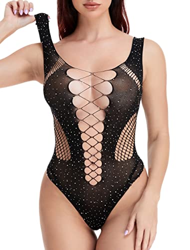 SIREEY Women's Rhinestone Lace Bodysuit Sparkle Fishnet Teddy One Piece Lingerie Deep V Neck Babydoll