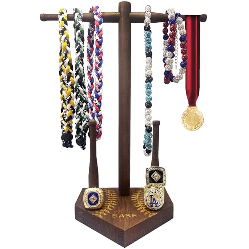Hltltcc [NEW] Wooden Baseball or Softball Drip Necklace Organizer Holder Championship Ring Display Holder Softball Ring Holder Drip Necklace Baseball Display Gift (Boys Girls & Coaches)