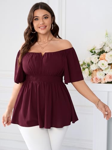 SCOMCHIC Womens Plus Size Peplum Tops Off The Shoulder Blouses Smocked Ruffle Babydoll Summer Top2