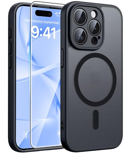 Image of FNTCASE for iPhone 15 Pro Max Case: [Compatible with Magsafe] Translucent Matte Cases with [Full Camera Protection] [Screen Protector] Military Grade Shockproof Protective Phone Cover - Black