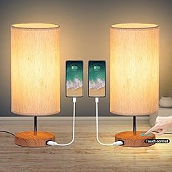 Lamparas Mesita De Noche Hiperdeluz GLUROO 2 Piezas Lámparas de Mesa con Control Táctil, Base de Madera, 3 Temperaturas de Color y Brillo Continuo, Puertos de Carga USB, LED Bombillas* 2 para Sala de Estar, Habitación de Niños,Oficina