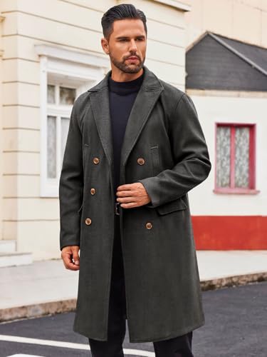Runcati Mens Trench Coat Notch Lapel Slim Fit Double Breasted Casual Long Business Pea Coat Overcoat2