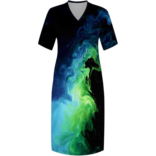 Image of SUZONANA Women Casual T-Shirt Dress V Neck Short Sleeve Solid Color Oversize Dress with Front Two Pockets
