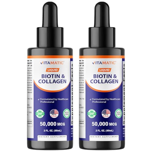 Vitamatic 2 Packs Liquid Biotin & Collagen for Hair Growth - Women & Men – Supports Glowing Skin,