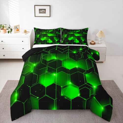 Image of Feelyou Geometrics Honeycomb Bedding Set Kids Toddler King, Beehive Geometric Comforter Set Honeycomb with Green Yellow Neon Lights Comforter Hexagonal Duvet Set Durable Quilt Set King Size