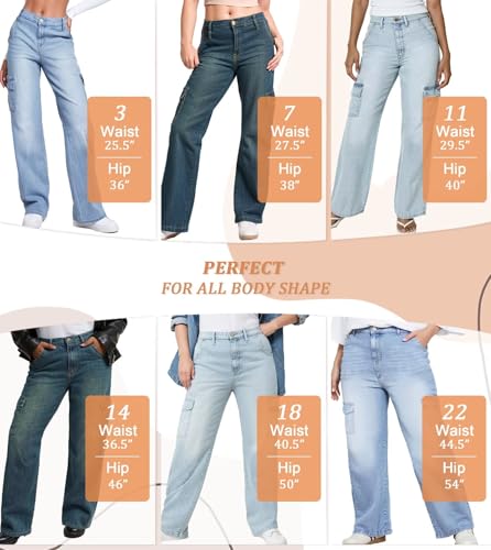 Hybrid & Company Women's Wide Leg Stretch Cargo Jeans, Casual Mid Rise Loose Denim Pants with Pockets4