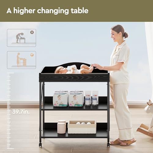 Image of Baby Changing Table, Diaper Station with Pad, 2-Tier Shelves, Mobile, Black